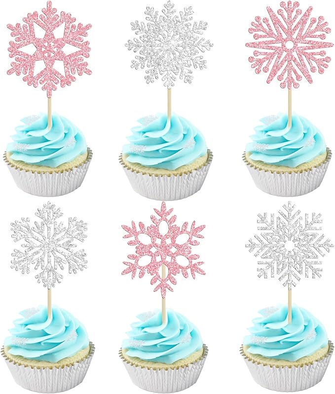36Pcs Snowflake Cupcake Toppers Glitter Winter Theme Snowflake Cupcake Picks Merry Christmas Happy New Year Christmas Cake Decor Birthday Party Cake Decorations Supplies Pink Silver