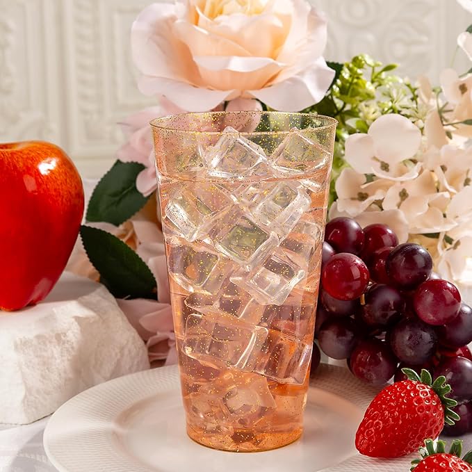 I00000 16 oz Gold Plastic Cups, 100 Pack Gold Glitter Plastic Cups Tumblers Disposable Party Cups Wedding Cups, Heavy-duty Plastic Disposable Cups Ideal for Halloween,Thanksgiving & Christmas Parties