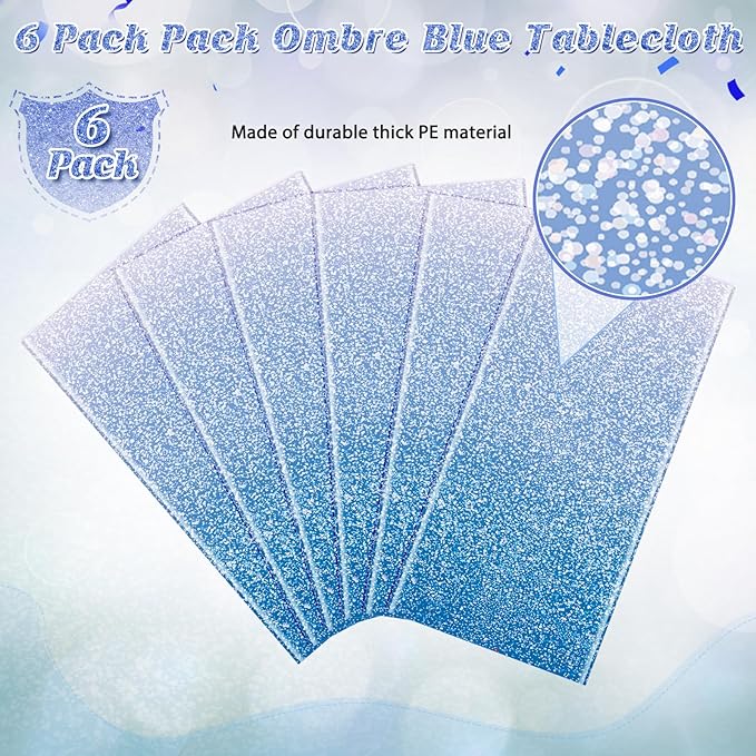 6 Pack Ombre Blue Plastic Tablecloth for Parties, Gradient Pastel Blue Disposable Tablecloths for Rectangle Tables, Royal Blue Sprinkle Table Cover for Wedding Birthday Anniversary Party, 54 x 108Inch