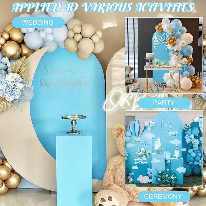 Metal Arch Stand and Cover Set,1 Blue Spandex Fitted Backdrop with 1 Gold Wedding Arched Stand Frame for Parties Birthday Baby Shower Bridal Banquet Decoration (6FT)