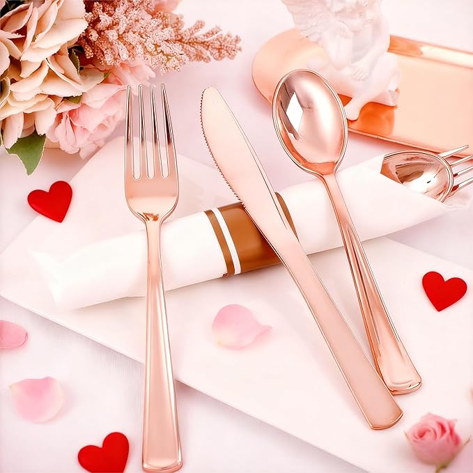 Liacere 100Pack Rose Gold Plastic Silverware - Pre Rolled Napkins with Rose Gold Cutlery - Wrapped Silverware Set Disposable100 Forks Knives Spoons Wrapped Utensils for Wedding＆Valentine's Day