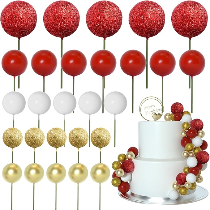 ASTARON 50 Pcs Ball Cake Topper Sticks Mini Balloons for Cake Decorating Supplies Foam Balls for Graduation Cake Birthday Cake Toppers Decorations (Gold，Red Series)