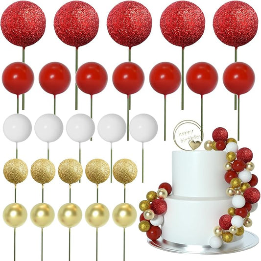 ASTARON 50 Pcs Ball Cake Topper Sticks Mini Balloons for Cake Decorating Supplies Foam Balls for Graduation Cake Birthday Cake Toppers Decorations (Gold，Red Series)
