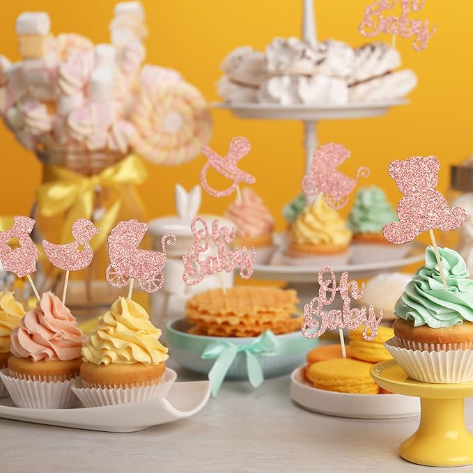 Gyufise 36Pcs Baby Shower Cupcake Toppers Glitter Pacifier Baby Carriage Bear Oh Baby Cupcake Picks for Gender Reveal Baby Shower Kids Birthday Party Supplies Rose Gold