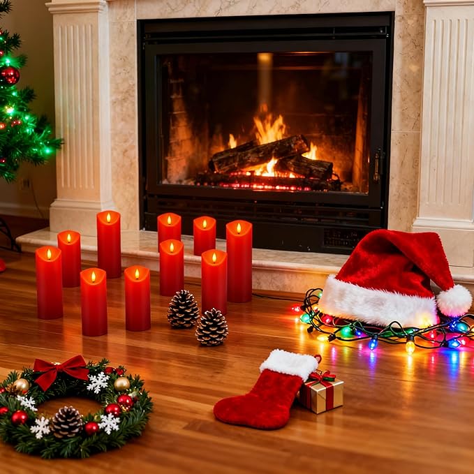 24 Pack Red LED Candles with Remote & Timer - Flameless Pillar Candles with 3D Flickering Flame, Battery Operated for Christmas Tree, Table Centerpieces, Party Decor