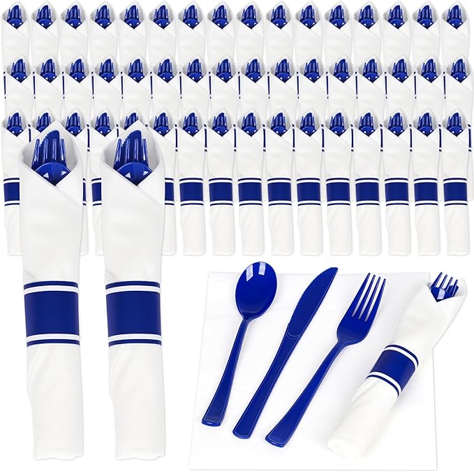 50 Pack Pre Rolled Blue Plastic Silverware Set,Wrapped Plastic Cutlery Set with Napkin Include 50 Forks,50 Spoons,50 Knives and 50 White Napkins for Party,Wedding,Christmas