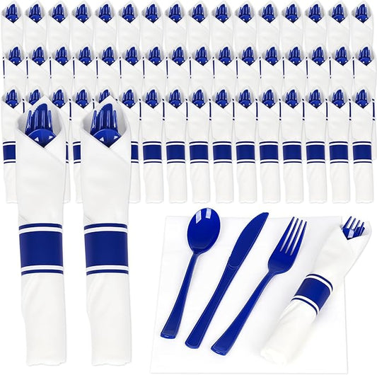 50 Pack Pre Rolled Blue Plastic Silverware Set,Wrapped Plastic Cutlery Set with Napkin Include 50 Forks,50 Spoons,50 Knives and 50 White Napkins for Party,Wedding,Christmas