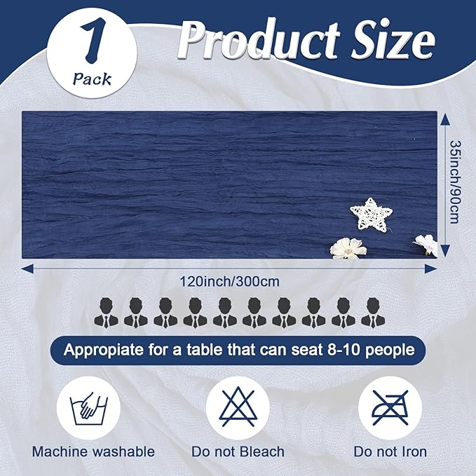 1 Pack Cheesecloth Table Runner Rustic Sheer Boho Gauze 35 x 120 Inch Centerpiece Cheese Cloth for Bridal Baby Shower Summer Spring Decorations Navy Blue