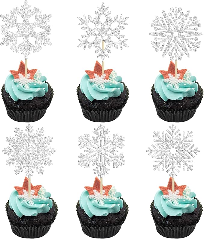 36Pcs Snowflake Cupcake Toppers Frozen Cupcake Picks Winter Frozen Theme Party Christmas Baby Shower Wedding Decoration Supplies Winter Wonderland Theme Cupcake Topper Sliver