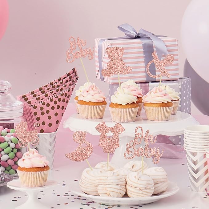 Gyufise 36Pcs Baby Shower Cupcake Toppers Glitter Pacifier Baby Carriage Bear Oh Baby Cupcake Picks for Gender Reveal Baby Shower Kids Birthday Party Supplies Rose Gold