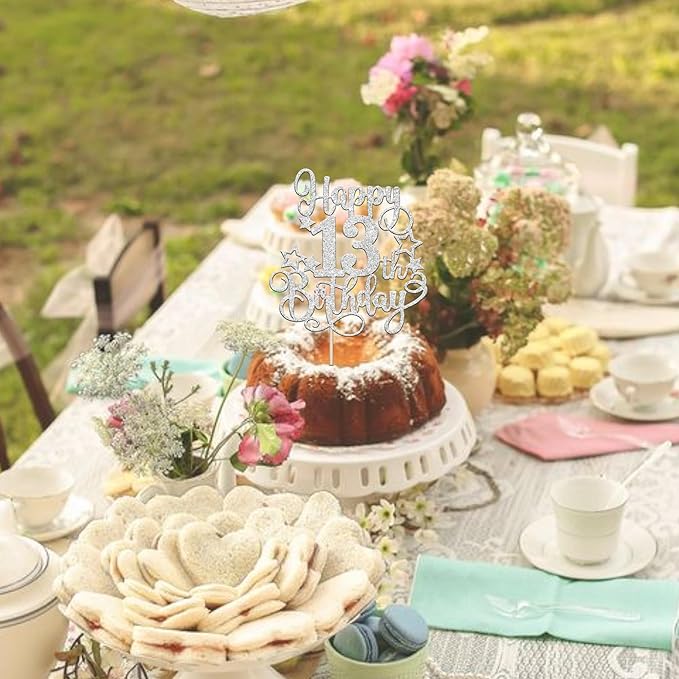 1 PCS Happy 13th Birthday Cake Topper Glitter Cheers to 13 Years Birthday Cake Pick Hello 13 Fabulous Cake Decoration for Happy 13th Birthday Anniversary Party Decorations Supplies silver