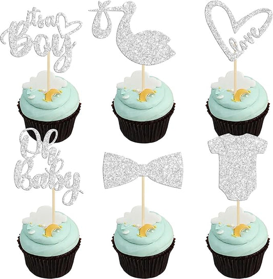 Gyufise 36 Pack Oh Baby Cupcake Toppers It's a Boy Cupcake Toppers with Tie Onesie Love Heart Deep Silver Glitter Babyshower Cake Picks Decorations for Baby Shower Boy Birthday Party Supplies