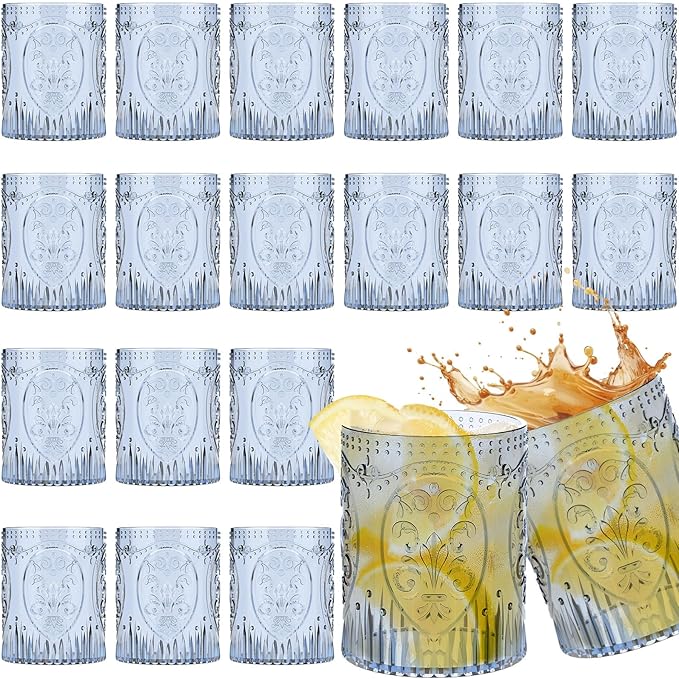 24 Plastic Vintage Drinking Glasses 8.5oz Stemless Retro Embossed Wine Glasses Shatterproof Reusable Cups for Baby Shower Wedding Reception Grand Event Party (Blue)