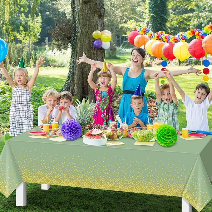 6 Pack Sage Green and Gold Plastic Tablecloth, Green Disposable Table Cloth for Rectangle Tables, Gold Stamping Dot Light Green Tablecloth for Baby Shower Birthday Wedding Party Decorations, 54"x108"