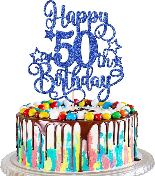 1 PCS Happy 50th Birthday Cake Topper Glitter Cheers to 50 Years Birthday Cake Pick Hello 50 Fabulous Cake Decoration for Happy 50th Birthday Anniversary Party Decorations Supplies Blue
