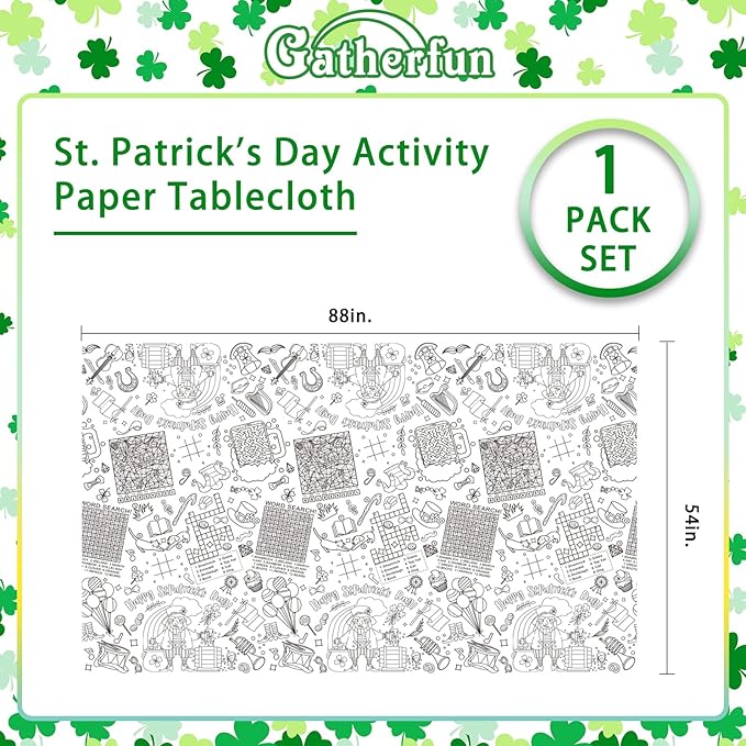 Gatherfun St. Patrick's Day Party Supplies Color-in Disposable Paper Tablecloth | 54x88 in St. Patrick's Day Party Decorations Set for Kids Birthday, School & Special Events