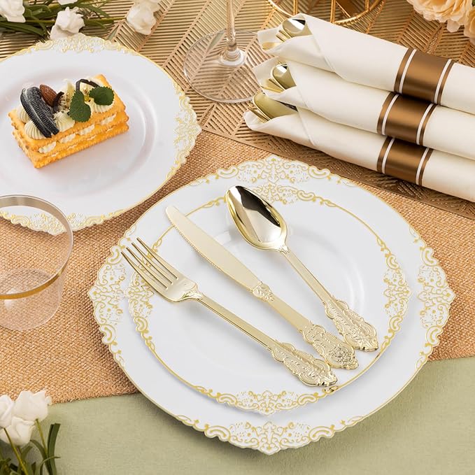 100 Pack Gold Plastic Silverware with Pre Rolled Napkins for 100 Guests, Heavyweight Gold Disposable Utensils Sets Includes 300 Plastic Cutlery, and 100 Napkins for Party & Wedding