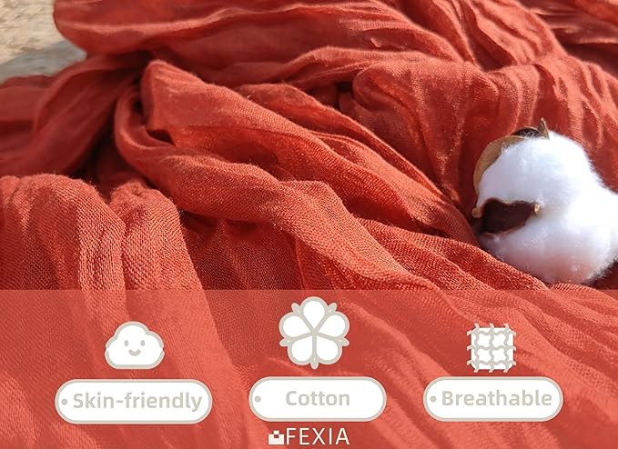 FEXIA Terracotta Cheesecloth Thanksgiving Table Runner 35x120 Inches Orange Red Rust Boho Gauze Christmas Table Runners Burnt for Wedding Decor Reception Bridal Shower Centerpiece