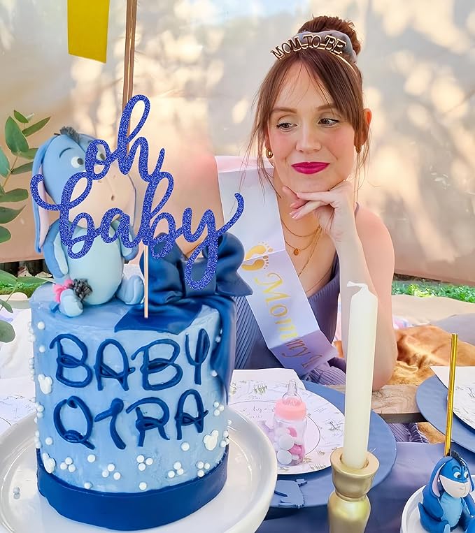 Oh Baby Cake Topper - Glitter Roval Blue Baby Shower Cake Decoration Supplies, for Baby Shower/Gender Reveal Party/Baby Birthday Party Photo Booth Props