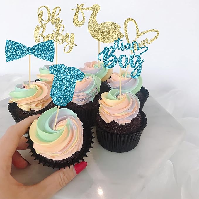 Gyufise 36 Pack Oh Baby Cupcake Toppers Assembled It's a Boy Cupcake Toppers with Tie Onesie Love Heart Glitter Cake Picks Decorations for Baby Shower Boy Birthday Party Supplies