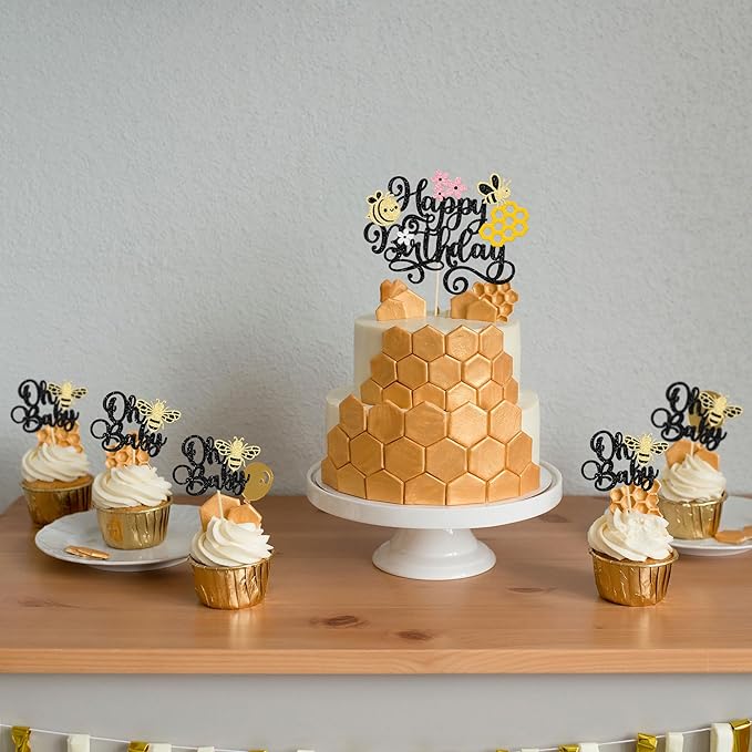 24Pcs Bee Oh Baby Cupcake Toppers Glitter Oh Babee Cupcake Picks Bumble Bee Theme Baby Shower Kids First Birthday Party Cake Decorations Supplies Black