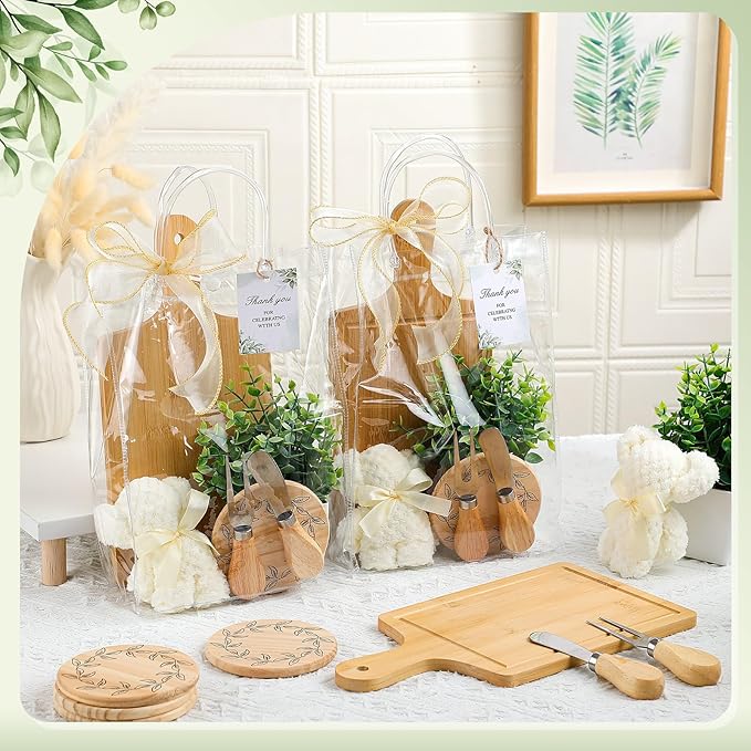 Honeydak 49 Pcs Baby Shower Prizes for Game Players 6 Sets Bamboo Cheese Board Fork Knives Coasters Towel Artificial Potted Plant Thanks Card Gift Bag for Baby Bridal Shower Wedding Favors(Square)