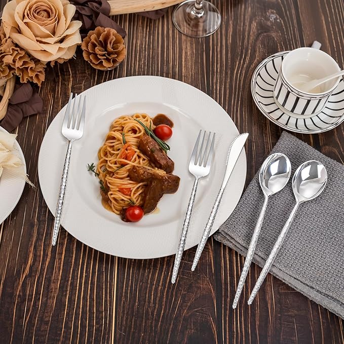 Rubtlamp 90Pcs Christmas Silver Plastic Silverware, Hammered Christmas Disposable Silverware,Silver Plastic Forks And Spoons, Fancy Plastic Cultery Include 30 Forks, 30 Knives And 30 Spoons for Party