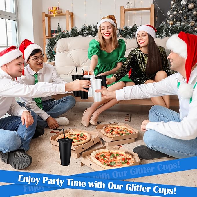 Honeydak 30 Pack Tumbler with Straw and Lid Bulk Cups for Gifts Glitter Plastic Coffee Cups 24-27 oz Reusable Water Bottle Iced Coffee Travel Mug Party Favors for Birthdays Travel (Black and Clear)