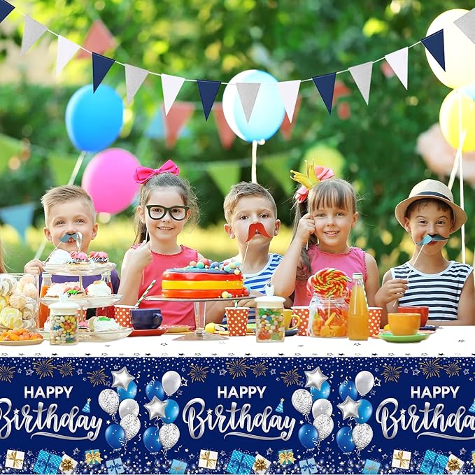 DUAIAI Happy Birthday Decorations, 3 Pcs Navy Blue and Silver Birthday Tablecloth for Boys Girls Men Women, Plastic Disposable Rectangle Table Cover for Birthday Party Supplies- 54" x 108"
