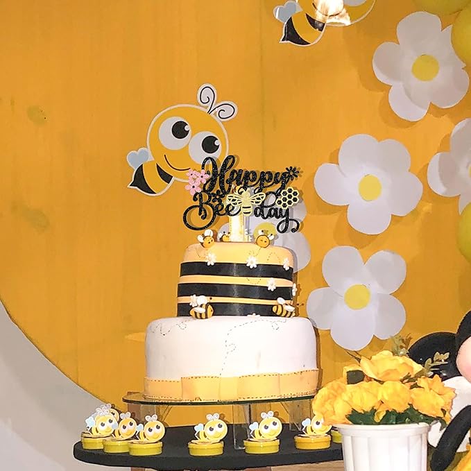 1 Pack Happy Bee Day Cake Topper Glitter Bumble Bee Theme Cake Pick Decorations for Baby Shower Kids Birthday Party Supplies Black