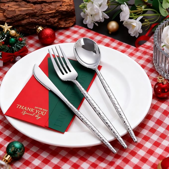 SUT 300PCS Silver Plastic Silverware, Utensils Plastic Disposable, Utensils Set Includes 100 Knives, Forks and Spoons, plastic cutlery, Disposable Silverware for Party, Hammered Silverware Set