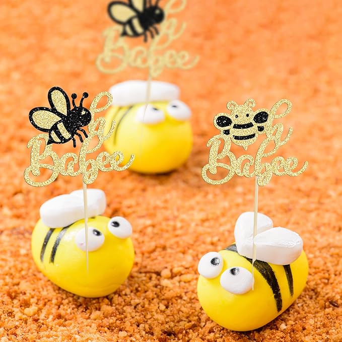 24Pcs Bumble Bee Cupcake Toppers Glitter Oh Babee Cupcake Picks Oh Baby Cupcake Pick Decorations for Bee Theme Baby Shower Kids Birthday Party Decorations Supplies