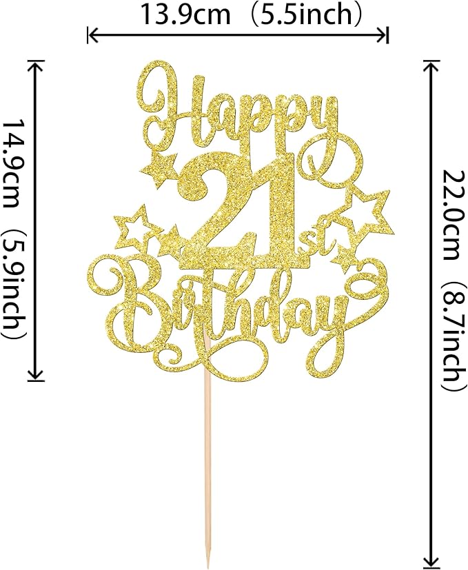 1 PCS Happy 21st Birthday Cake Topper Glitter Cheers to 21 Years Birthday Cake Pick Hello 21 Fabulous Cake Decoration for Happy 21st Birthday Anniversary Party Decorations Supplies Gold