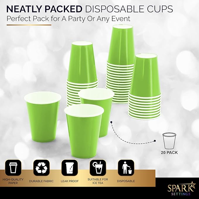 Disposable Paper Cups, 9 oz. Kiwi Paper Coffee Cups, Strong and Sturdy Coffee Disposable Cups for Party, Wedding, Thanksgiving Day, Christmas, Halloween Hot Cups, Pack of 20
