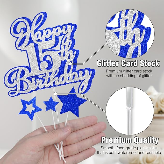 Happy 15th Birthday Cake Topper 15 Teenager Birthday Cake Decorations, Happy 15th Birthday Anniversary Party Cake Decorations for Boy Girl, Blue Silver Glitter