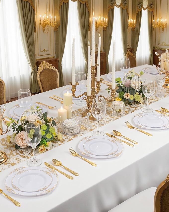 Nervure 300PCS Gold Plastic Silverware - Heavy Duty Disposable Cutlery Set,Luxury Gold Plastic Utensils include 100Pcs Forks, 100Pcs Spoons, 100pcs Knives Perfect for Wedding,Party,Daily Use
