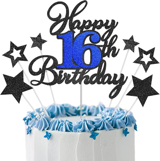 Happy 16th Birthday Cake Toppers, Black Blue Glitter Cake Decorations Set, 16th Birthday Decor, Birthday Anniversary Party Decorations Supplies