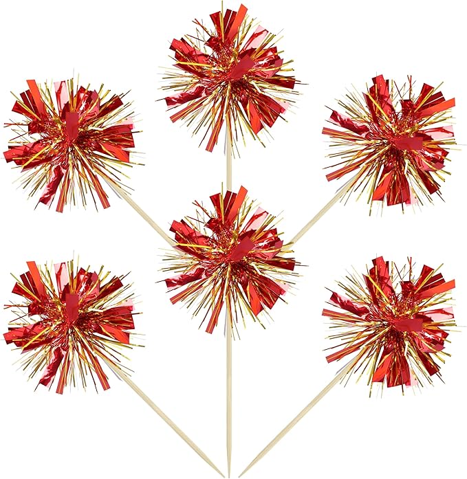 Gyufise 30Pcs Foil Firework Cupcake Toppers Sparkle Tinsel Cake Toppers Tinsel Drink Cake Decoration Cocktail Picks for Birthday Wedding Graduation Party Supplies Gold Red