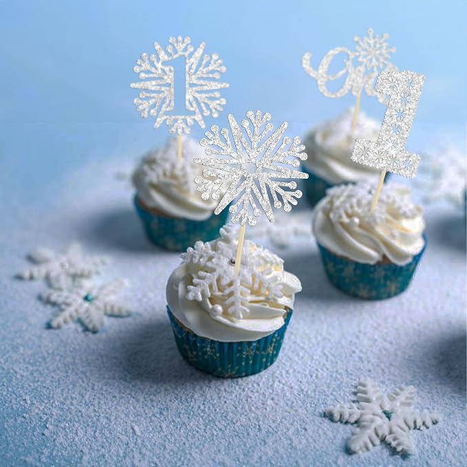 24Pcs Snowflake Cupcake Toppers Silver Glitter Winter Snowflake 1st Birthday Cupcake Picks First Birthday Cake Decorations for Winter Wonderland Kids 1st Birthday Party Supplies