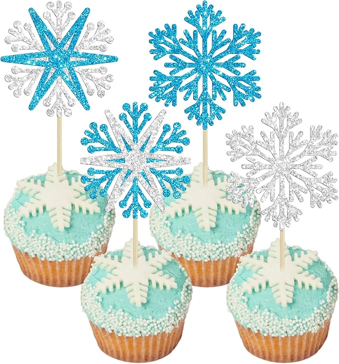 24Pcs Snowflake Cupcake Toppers Winter Frozen Winter Wonderland Cake Pick Decorations for Snowflake Theme Baby Shower Birthday Merry Christmas Party Supplies Blue