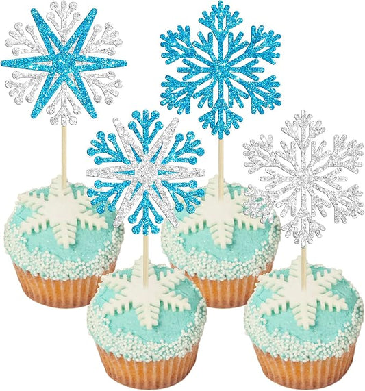 24Pcs Snowflake Cupcake Toppers Winter Frozen Winter Wonderland Cake Pick Decorations for Snowflake Theme Baby Shower Birthday Merry Christmas Party Supplies Blue