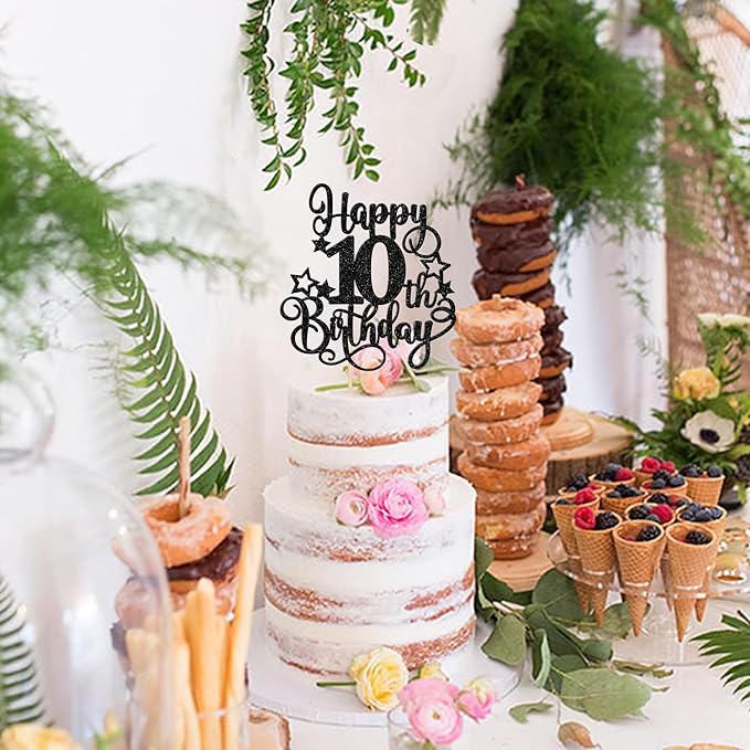 1 PCS Happy 10th Birthday Cake Topper Glitter Cheers to 10 Years Birthday Cake Pick Hello 10 Fabulous Cake Decoration for Happy 10th Birthday Anniversary Party Decorations Supplies Black