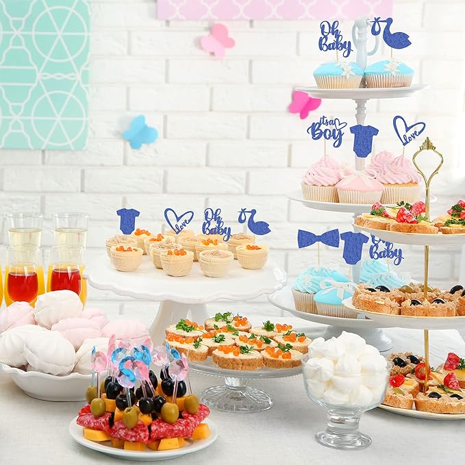 Gyufise 36 Pack Oh Baby Cupcake Toppers It's a Boy Cupcake Toppers with Tie Onesie Love Heart Deep Blue Glitter Babyshower Cake Picks Decorations for Baby Shower Boy Birthday Party Supplies