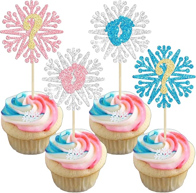 24Pcs Snowflake Gender Reveal Cupcake Toppers Glitter Boy or Girl Cupcake Pick decorations for Snowflake Winter Frozen Baby Shower Birthday Party Supplies Pink Blue