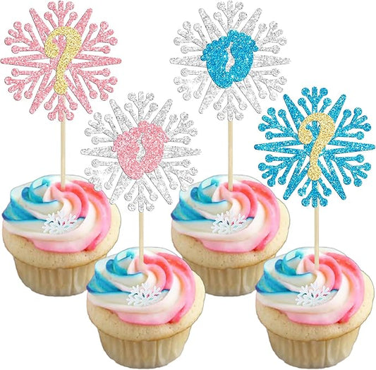 24Pcs Snowflake Gender Reveal Cupcake Toppers Glitter Boy or Girl Cupcake Pick decorations for Snowflake Winter Frozen Baby Shower Birthday Party Supplies Pink Blue