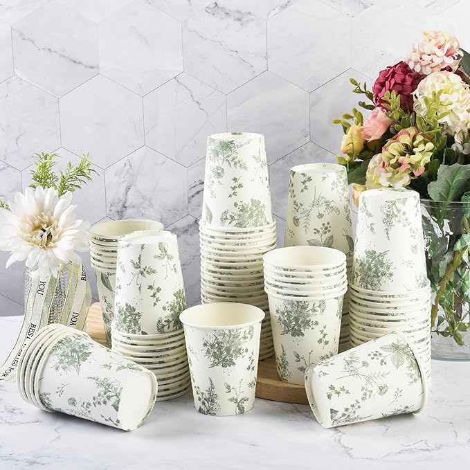 100Pcs Floral Paper Cups White Sage Green Flowers Party Cups 9oz Disposable Toile Chinoiserie Drinking Cups for Hot Cold Beverage Birthday Baby Shower Party Supplies (100, Sage Green)