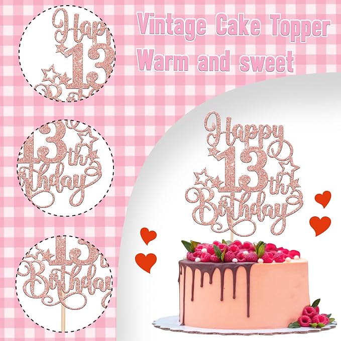 1 PCS Happy 13th Birthday Cake Topper Glitter Cheers to 13 Years Birthday Cake Pick Hello 13 Fabulous Cake Decoration for Happy 13th Birthday Anniversary Party Decorations Supplies Rose Gold