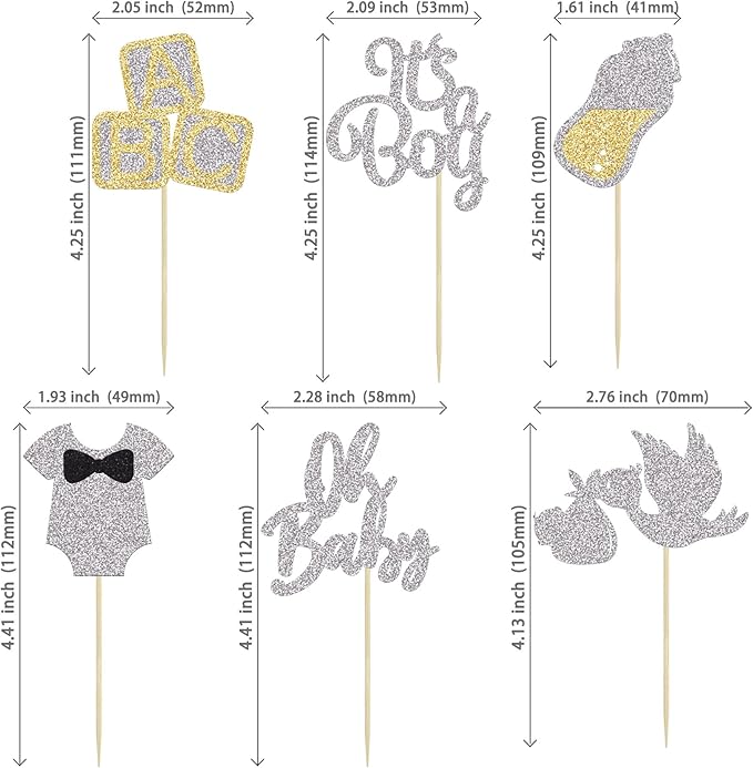24Pcs Oh Baby Boy Cupcake Toppers Silver Glitter Onesie Bottle Swan Baby Shower Boy Cupcake Picks Gender Reveal Theme Baby Shower Boys Birthday Party Cake Decorations
