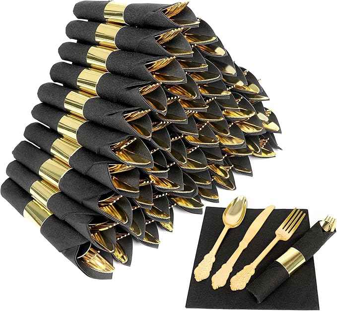 50 Pack Pre Rolled Gold Plastic Silverware Set,Fancy Wrapped Plastic Cutlery Set with Napkin Include 50 Forks,50 Spoons,50 Knives and 50 Black Napkins for Party, Wedding,Christmas