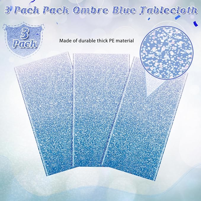 FunnyPars 3 Pack Ombre Blue Plastic Tablecloth for Parties, Gradient Pastel Blue Disposable Tablecloths for Rectangle Tables, Sprinkle Table Cover for Wedding Birthday Anniversary Party, 54 x 108Inch